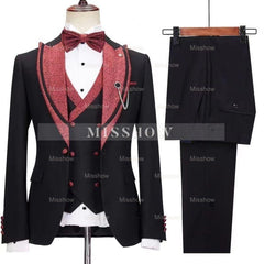 Black Close-Fitting Peak Lapel Three-Piece Wedding Suit