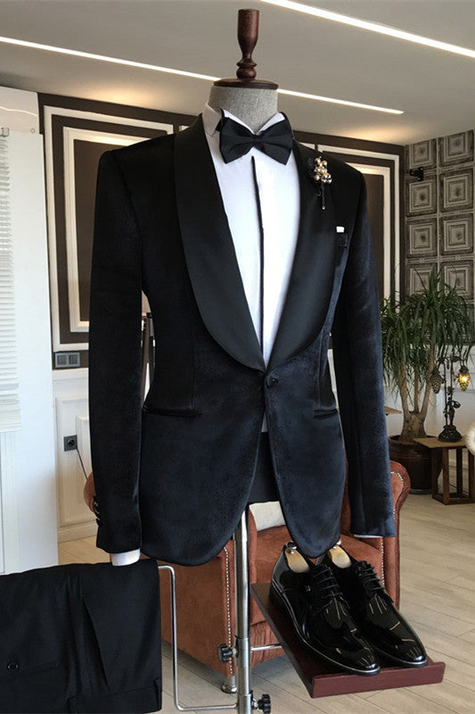 Black Close-Fitting Shawl Collar Two-Piece Velvet Groom's Suit For Wedding