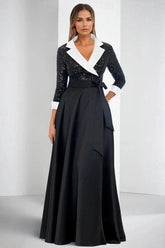 Black Contrast Satin V-Neck 3/4 Sleeve Sequined A-Line Floor Length Formal Evening Gown