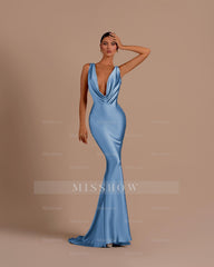 Black Deep V Neck Sleeveless Mermaid Long Formal Dress With Pleated