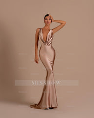 Black Deep V Neck Sleeveless Mermaid Long Formal Dress With Pleated