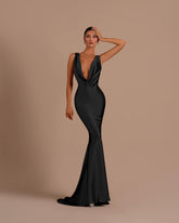Black v-neck satin mermaid evening dress
