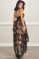 Black Deep V-Neck Spaghetti Straps Floral Lace Appliqués Illusion Bodice Open Back High Low A-Line Homecoming Dress