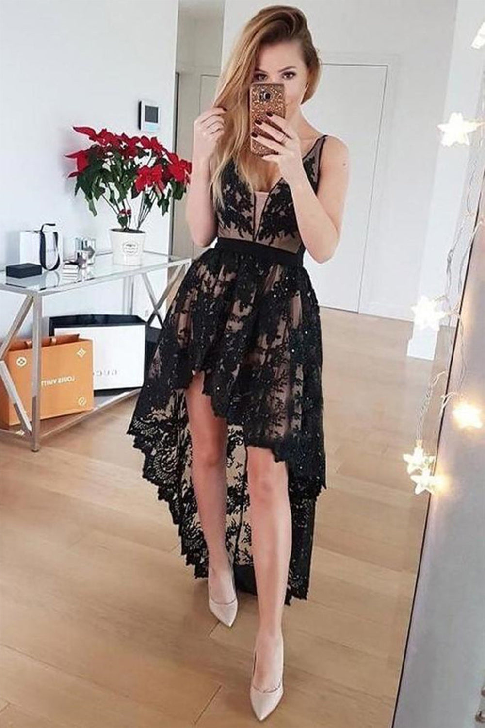 Black Deep V-Neck Spaghetti Straps Floral Lace Appliqués Illusion Bodice Open Back High Low A-Line Homecoming Dress
