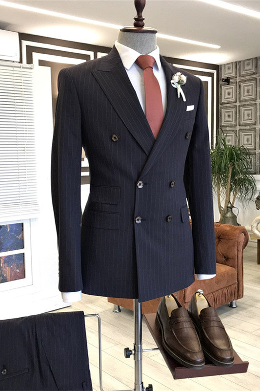 Black Double Breasted Peaked Lapel Formal Striped Business Suit