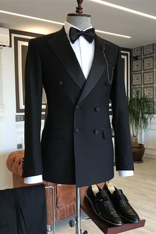 Black Double-Breasted Peaked Lapel Slim Fit Men's Suit