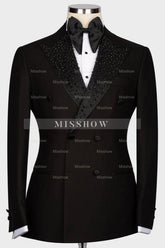 Black Double-Breasted Wedding Suit with Sequins and Peaked Lapel