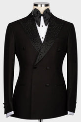 Black Double-Breasted Wedding Suit with Sequins and Peaked Lapel