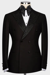 Black Double-Breasted Wedding Suit with Sequins and Peaked Lapel