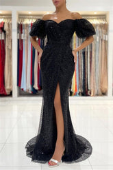 Black Evening Dresses in Long Glitter | Prom Evening Dresses with sleeves