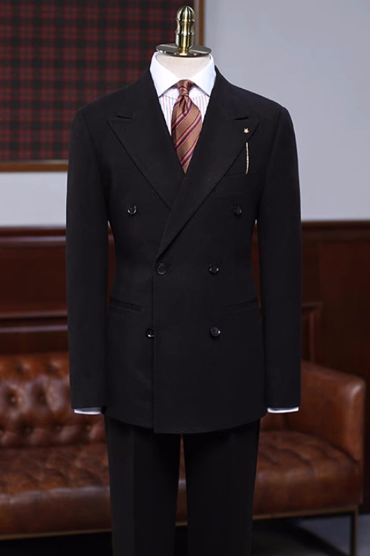 Black Formal Double Breasted Peaked Lapel Business Suit