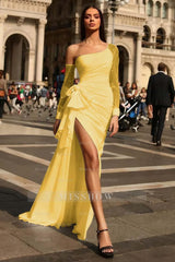 Black Formal Dress Long Sleeves Tulle One Shoulder With Pleated Split