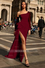 Black Formal Dress Long Sleeves Tulle One Shoulder With Pleated Split