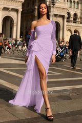 Black Formal Dress Long Sleeves Tulle One Shoulder With Pleated Split