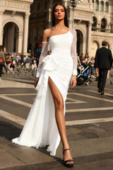 Black Formal Dress Long Sleeves Tulle One Shoulder With Pleated Split