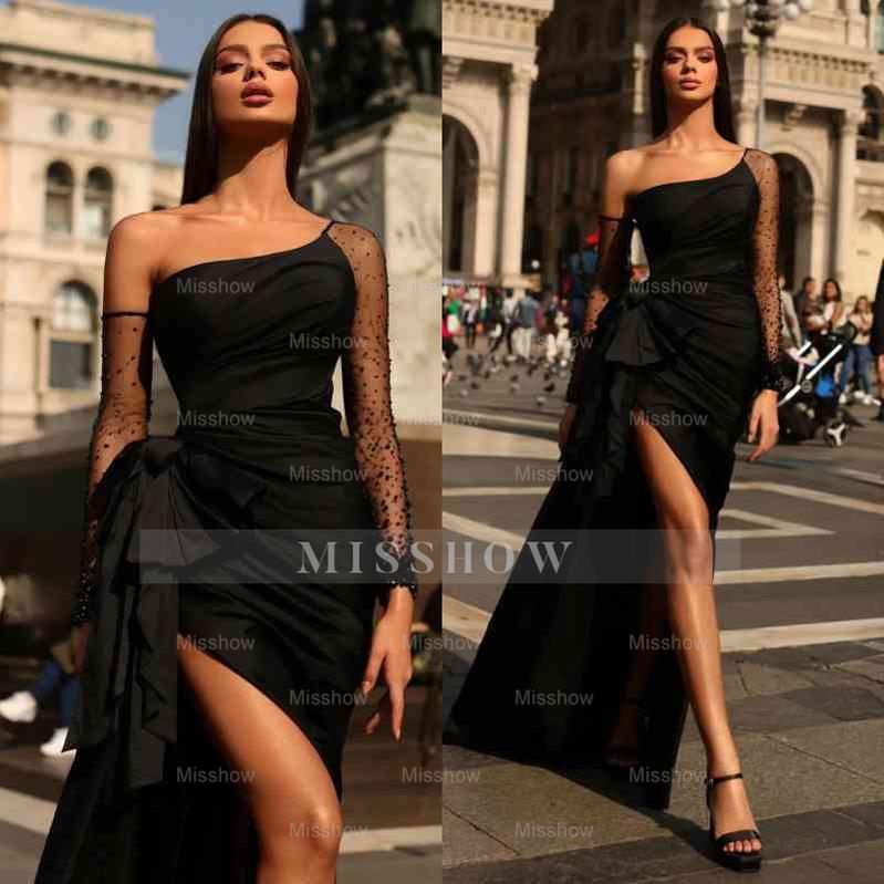 Black Formal Dress Long Sleeves Tulle One Shoulder With Pleated Split