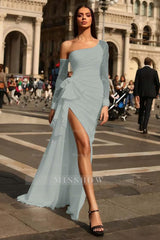 Black Formal Dress Long Sleeves Tulle One Shoulder With Pleated Split