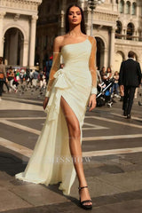 Black Formal Dress Long Sleeves Tulle One Shoulder With Pleated Split