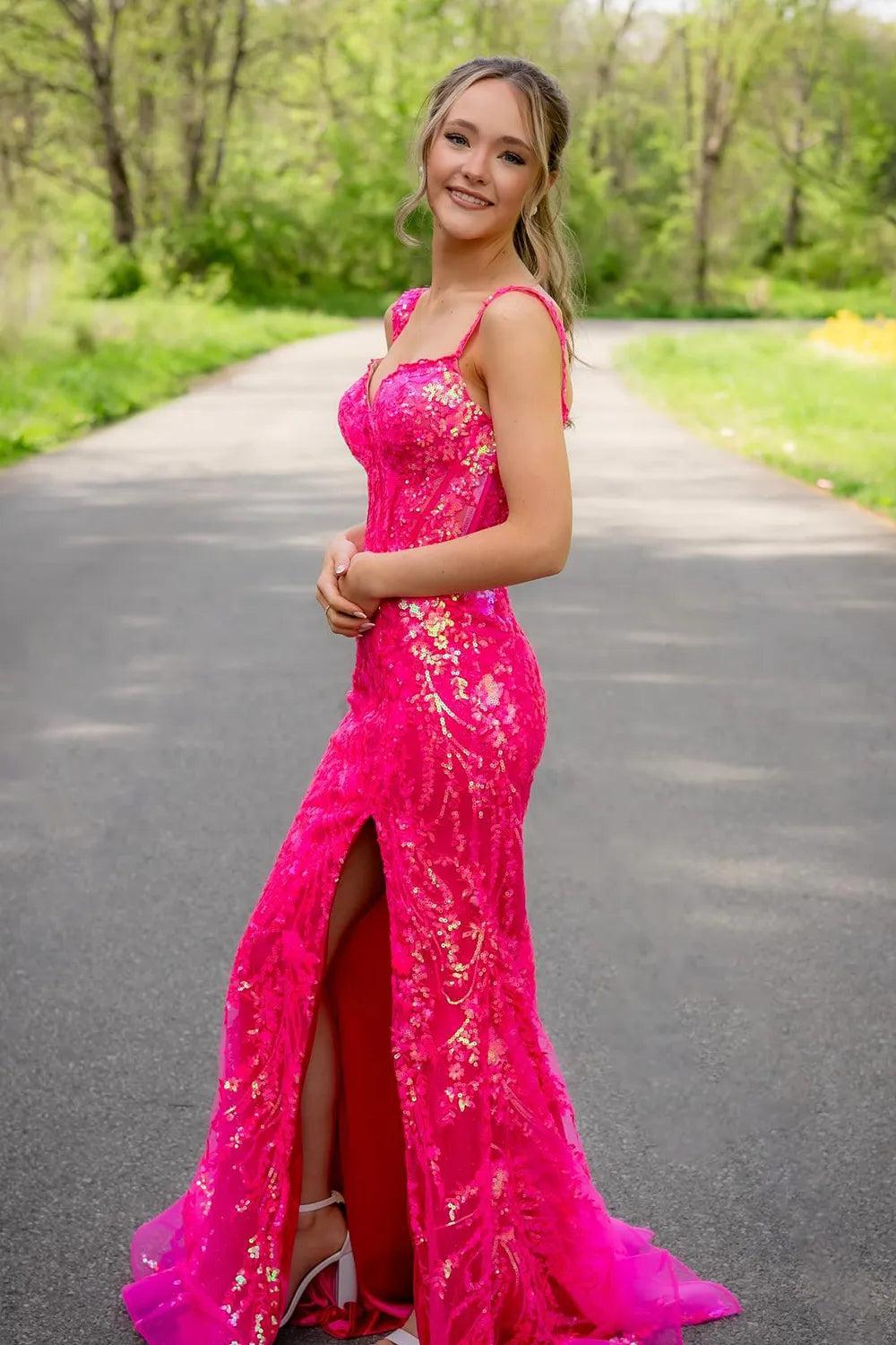 Black Fuchsia Off-the-Shoulder Sparkly Mermaid Gown with Slit and Sequins