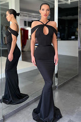 Black Halter Off the Shoulder Mermaid Formal Dress With Pleated
