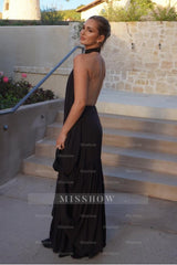 Black Halter Sleeveless Backless Long Formal Dress With Pleated