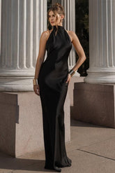 Black Halter Sleeveless Backless Mermaid Satin Sash Floor Length Formal Evening Gown