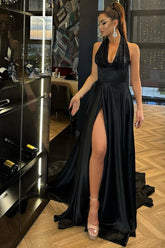 Black Halter Sleeveless Sequined A-Line Satin High Slit Floor Length Evening Gown