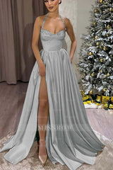 Black Halter Sweetheart Sleeveless Long Formal Dress With Split
