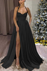 Black Halter Sweetheart Sleeveless Long Formal Dress With Split
