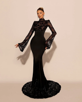 Black High Neck Lace Long Sleeves Mermaid Appliques Floor Length Formal Evening Dress