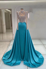 Turquoise high neck rhinestone mermaid evening dress