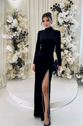 Black High Neck Long Sleeve Pleated Sequins Bodycon Slit Floor Length Formal Evening Gown