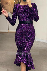 Black High Neck Long Sleeve Sequined Mermaid Belted Tea Length Formal Evening Dress