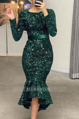 Black High Neck Long Sleeve Sequined Mermaid Belted Tea Length Formal Evening Dress