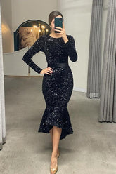 Black High Neck Long Sleeve Sequined Mermaid Belted Tea Length Formal Evening Dress