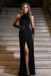 Black high neck beaded column evening dress
