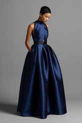 Navy high neck satin A-line evening dress