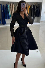 Black Illusion Lace Long Sleeve Cocktail Dress Deep V-Neck Beaded Bodice Satin A-Line Tea Length Formal Party Gown