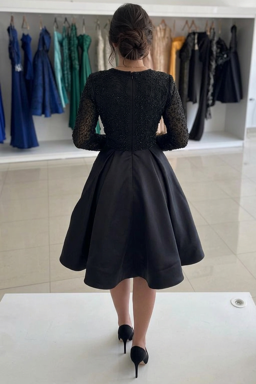 Black Illusion Lace Long Sleeve Cocktail Dress Deep V-Neck Beaded Bodice Satin A-Line Tea Length Formal Party Gown