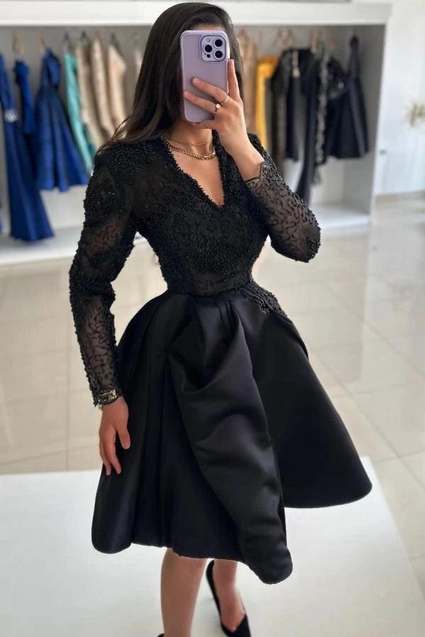 Black Illusion Lace Long Sleeve Cocktail Dress Deep V-Neck Beaded Bodice Satin A-Line Tea Length Formal Party Gown
