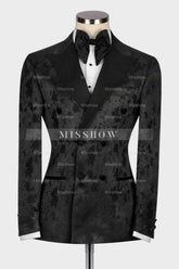 Black Jacquard Peaked Lapel Double-Breasted Suit for Men