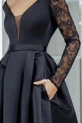 Black Lace Long Sleeve A-Line Evening Dress Deep V-Neck High Low Skirt Satin Formal Gown with Pockets