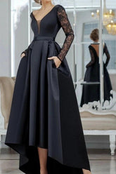 Black Lace Long Sleeve A-Line Evening Dress Deep V-Neck High Low Skirt Satin Formal Gown with Pockets