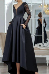 Black Lace Long Sleeve A-Line Evening Dress Deep V-Neck High Low Skirt Satin Formal Gown with Pockets