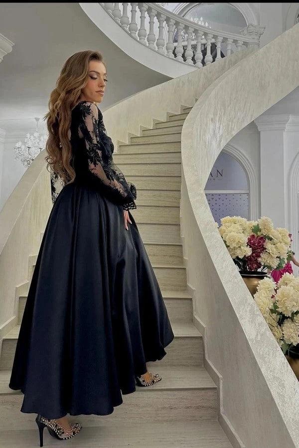 Black Lace Long Sleeve A-Line Evening Dress Sweetheart Satin Tea Length Formal Gown