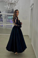Black Lace Long Sleeve A-Line Evening Dress Sweetheart Satin Tea Length Formal Gown
