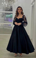 Black Lace Long Sleeve A-Line Evening Dress Sweetheart Satin Tea Length Formal Gown