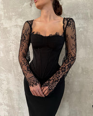 Black Lace Long Sleeve Formal Dress Square Neck Corset Bodice Open Back Floor Length Sheath Gown