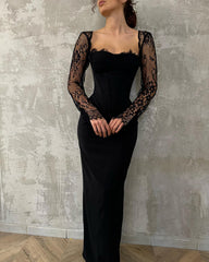 Black Lace Long Sleeve Formal Dress Square Neck Corset Bodice Open Back Floor Length Sheath Gown