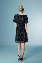 Black Lace Short V-neck Dress with Puff Sleeves